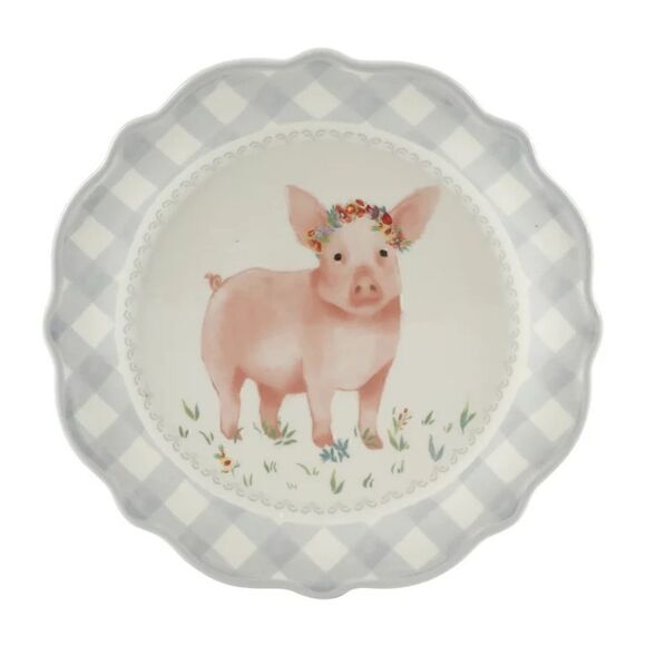 š¦ New PioneerĀ Woman Pink Pig Gray GinghamāSaladāPlates,āSetāofā4 - Picture 2 of 5